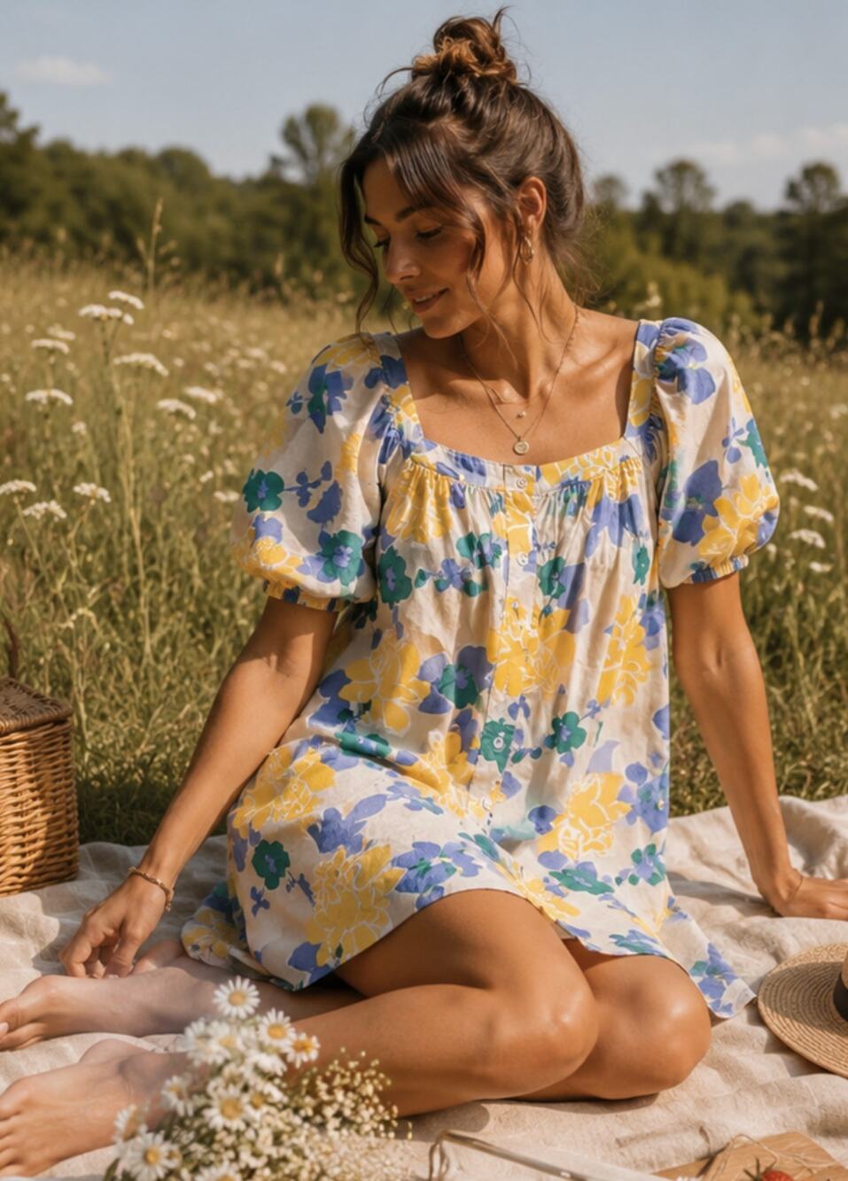 Beulah Floral Mini Dress Puff Sleeve Button Front Cotton